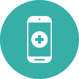 Icon of a smartphone with a medical cross on the screen, set against a teal circular background.