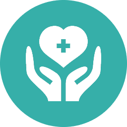 Two hands holding a heart with a medical cross inside, on a teal circle background.
