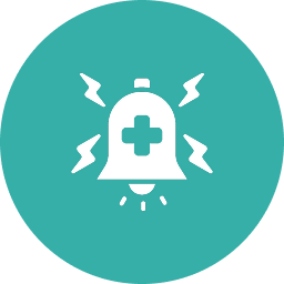 White bell icon with a medical cross and surrounding lines suggesting sound, on a teal circle background.