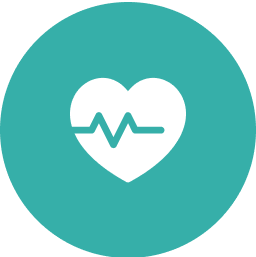 White heart with a pulse line on a teal circular background.