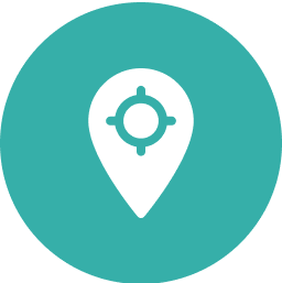 A white map pin icon with a target symbol inside, centered on a teal circle background.
