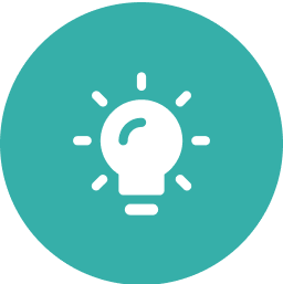 A white light bulb icon with rays indicating illumination, centered on a teal circular background.