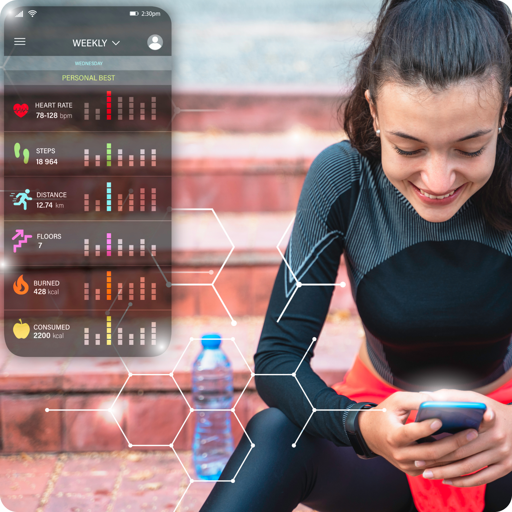Woman in athletic wear sits on steps, smiling at her phone. A transparent display shows fitness stats: heart rate, steps, distance, floors, calories burned, and consumed. Water bottle nearby.