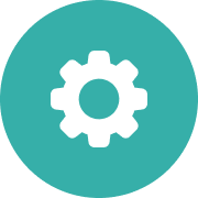 White gear icon on a teal circular background.
