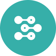 A teal circle with a white, abstract design featuring interconnected shapes and small squares.