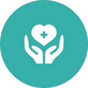 Two hands cradle a heart containing a medical cross symbol, set against a teal circular background.