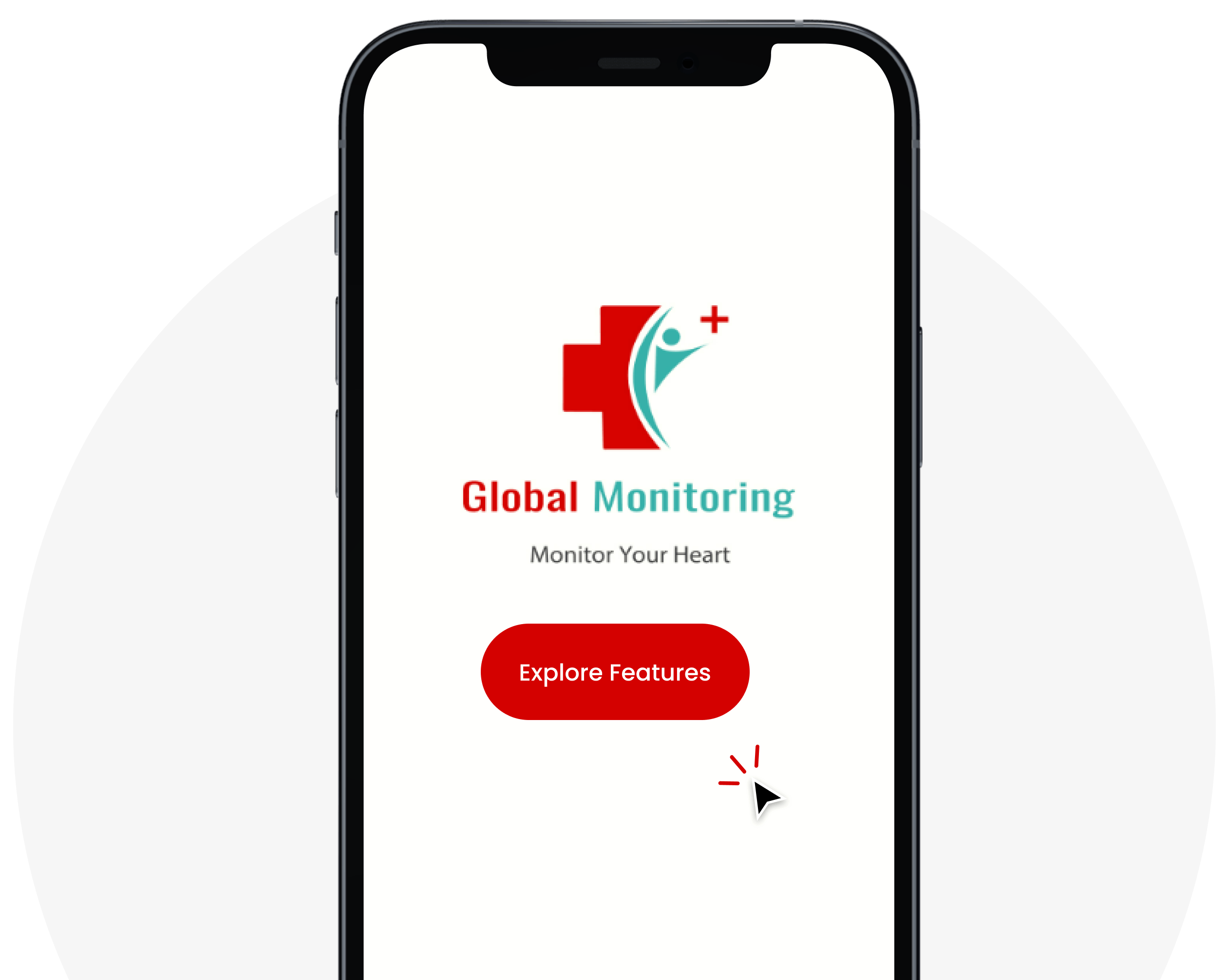 Smartphone displaying the Global Monitoring app home screen with a logo and "Explore Features" button.
