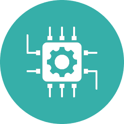 Icon of a microchip with a gear in the center and circuit lines extending outward, on a teal circle background.