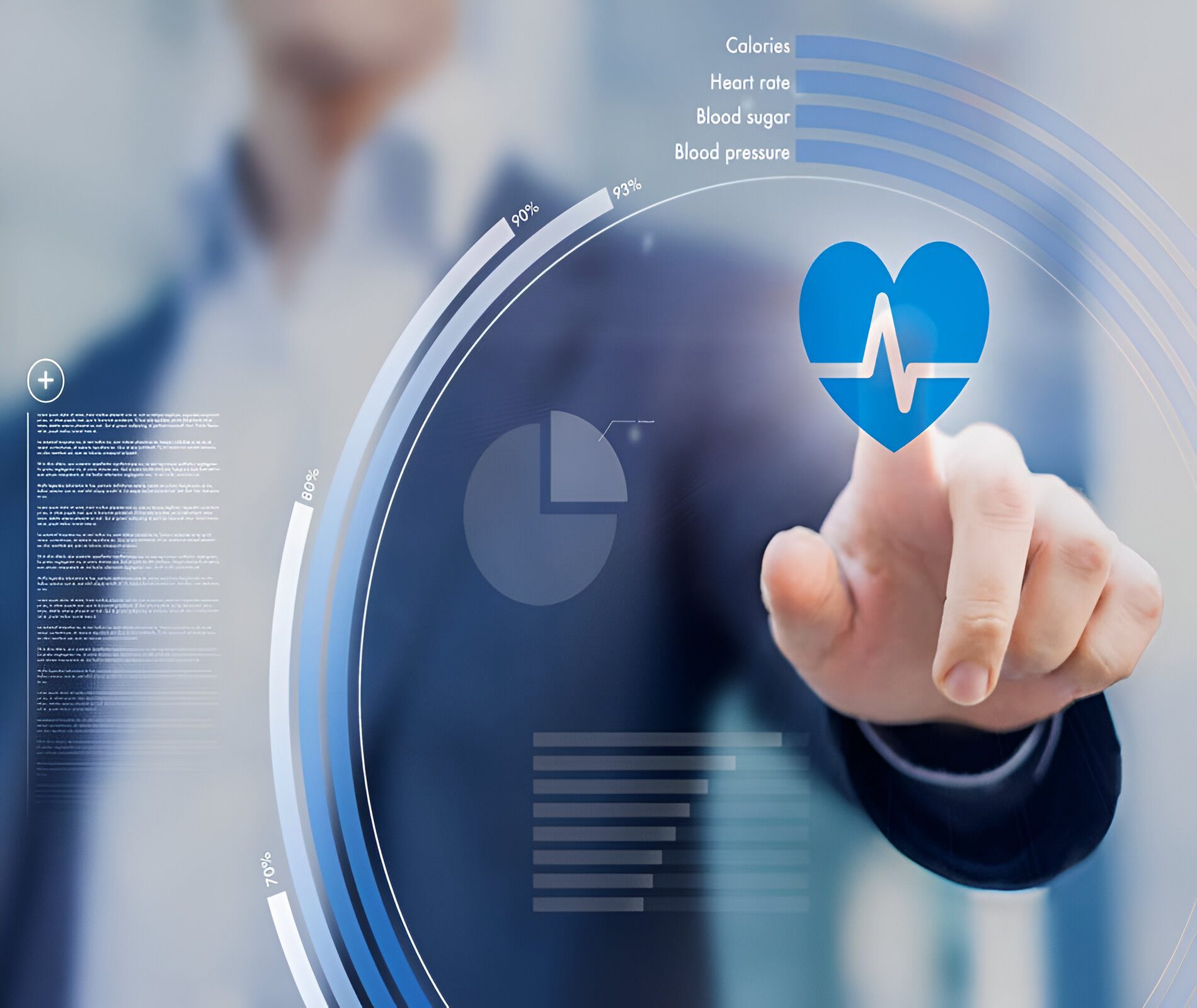 A person in a suit pointing at a virtual heart icon on a digital interface displaying health metrics like calories, heart rate, blood sugar, and blood pressure.
