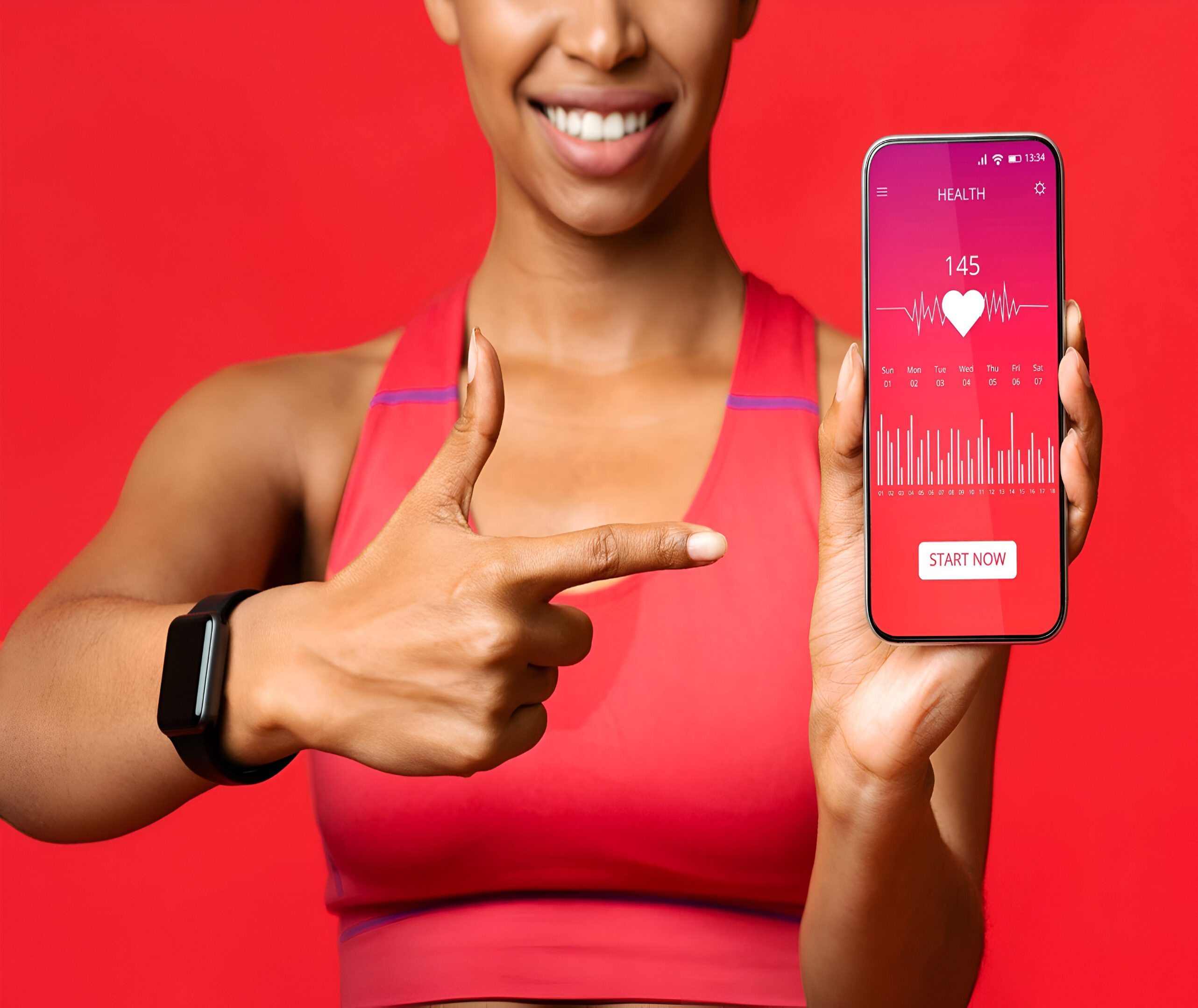 Person in red sports attire smiling and pointing to a smartphone displaying a heart rate of 145, with a health app interface on a red background.